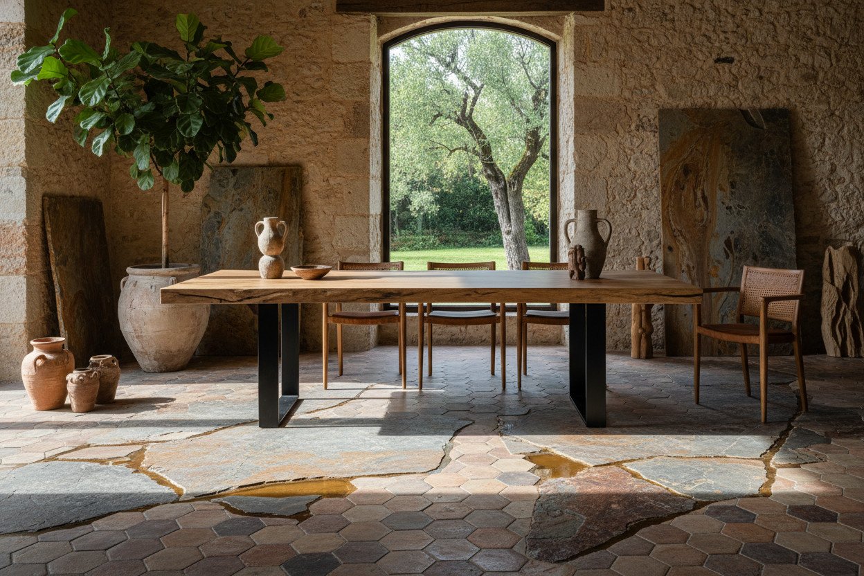 Materiały z historią — kamień, terakota i nieobrobione drewno