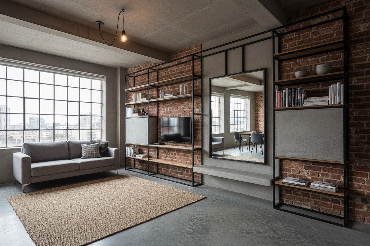 Stalowe ramy i surowe materiały jako system wizualny